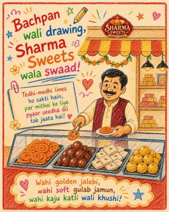 Hand-drawn Sharma Sweets creative featuring mithai and childhood nostalgia