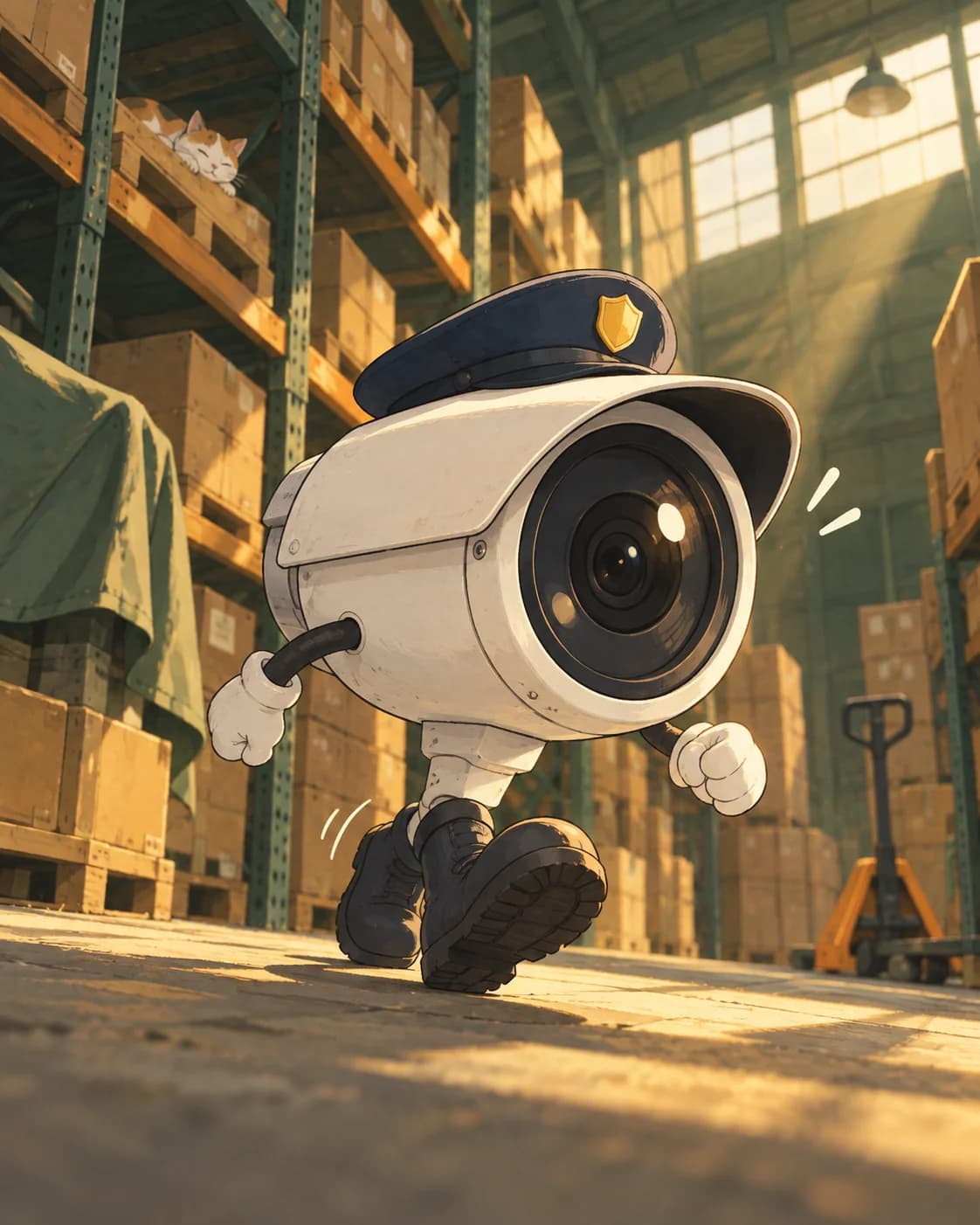Illustrative recreation of a CCTV camera as a friendly cartoon warehouse security guard