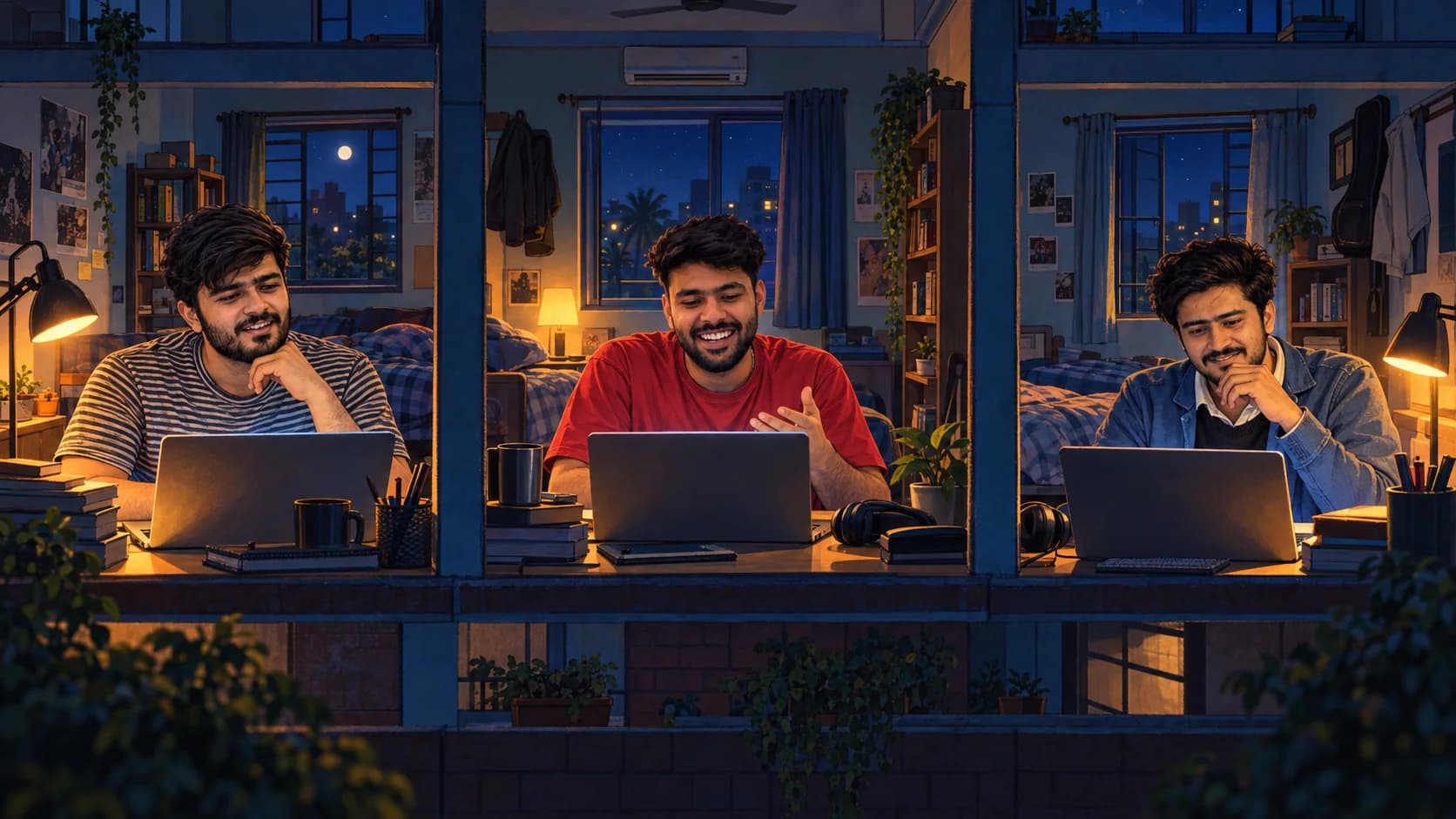 Anime illustration of three friends in separate bedrooms sharing a late-night laptop call