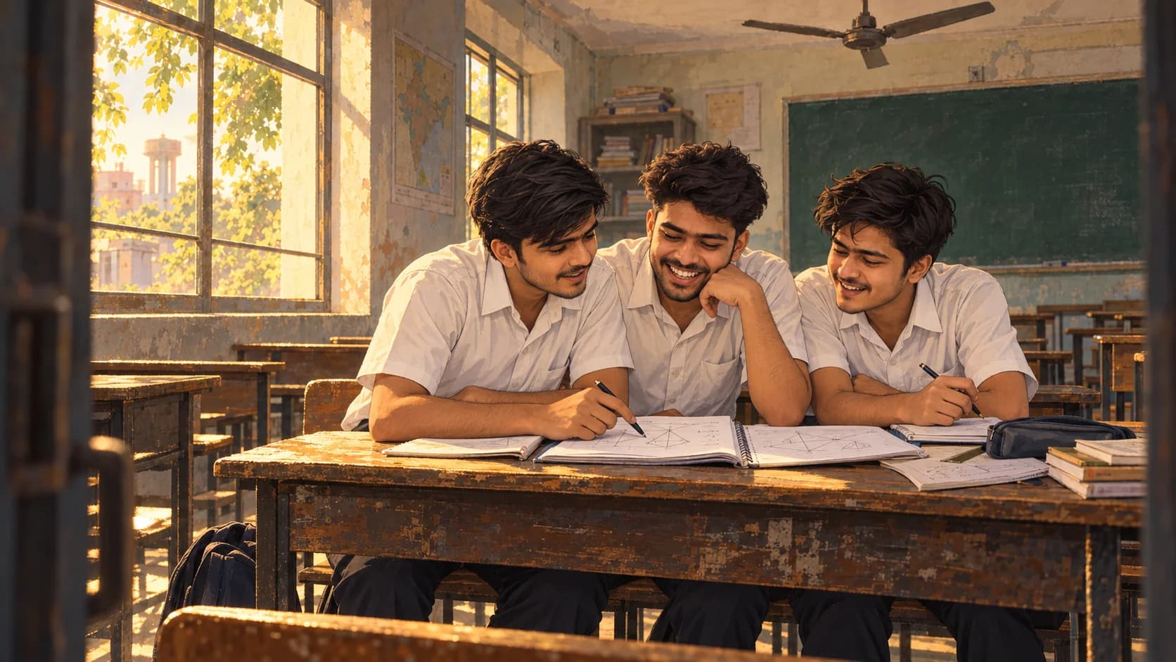 Illustrated memory of three friends studying at a wooden school bench in warm afternoon light