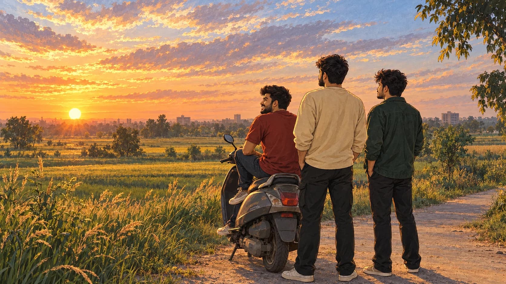 Illustrated memory of the three friends beside Vivek's parked scooter, watching sunset over fields near Kurukshetra